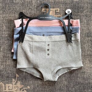 3 Pairs of Lucky Brand Seamless Ribbed GirlShorts in Gray, Blue, and Pink